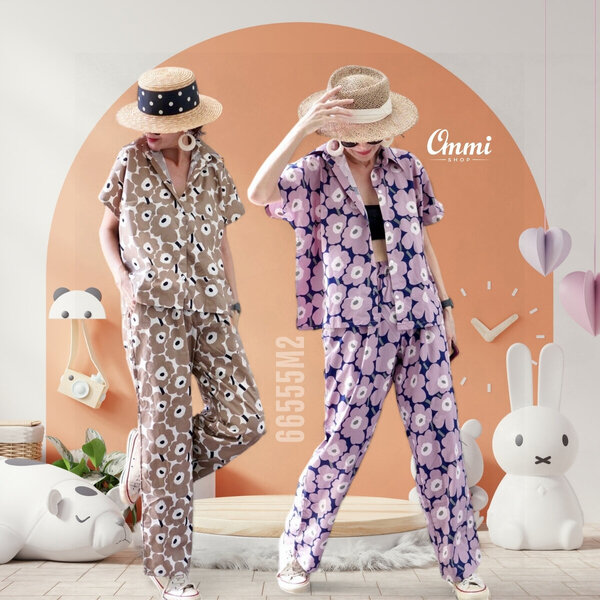 Ommishop 66555M2 ชุดเซ็ท เสื้อแขนสั้นคอปก และกางเกงขายาว ลายดอก Mari มารีเมกโกะ Cotton Japan 100%...
