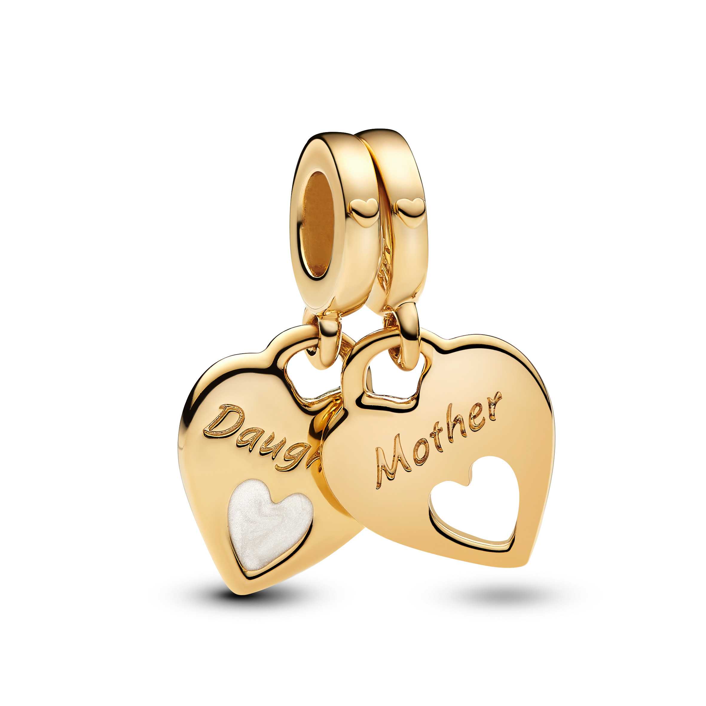 Mother and daughter hearts 14k gold-plated split dangle with shimmering white enamel