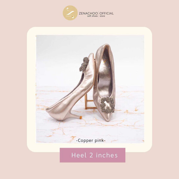 ทรงปกติ เปลี่ยนไซส์ได้ ไม่รับคืน รีสต๊อค Zenachoo Viola2 สี Copper Pink ส้นสูง 2 นิ้ว รองเท้าแกะแ...
