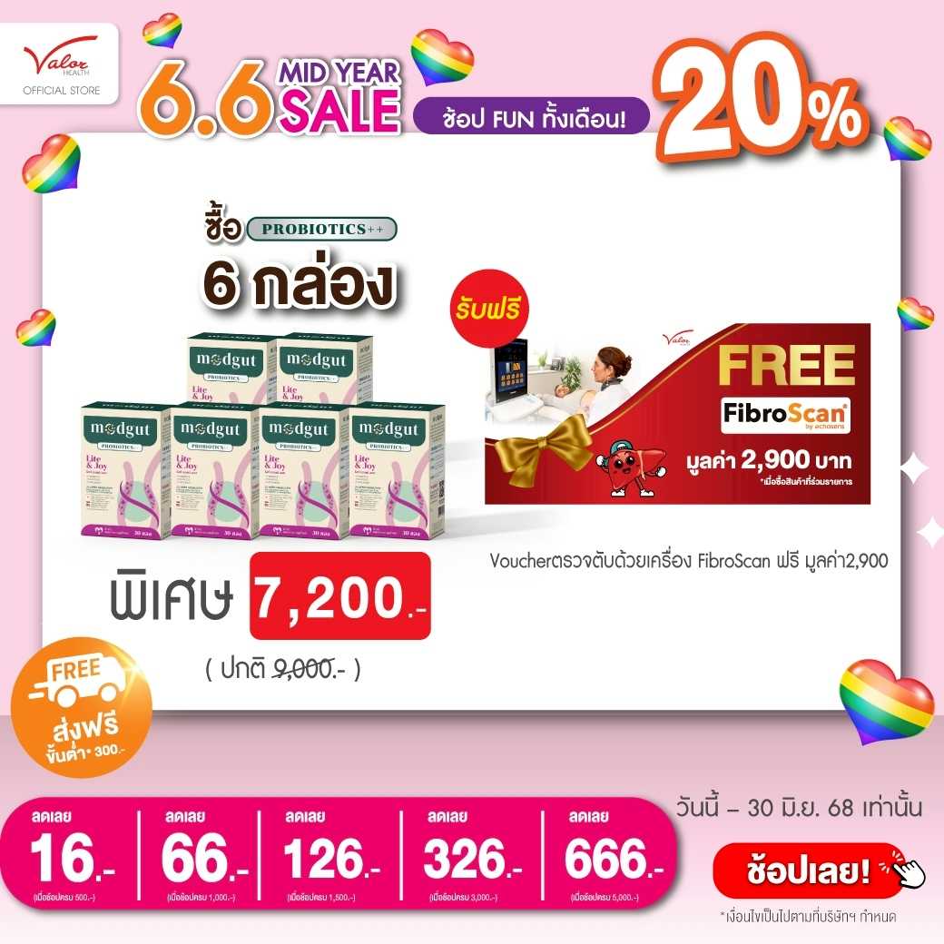 SET 6 กล่อง Modgut probiotics ++ สูตร Lite & Joy ตัวช่วยแก้ปัญหาไขมันสะสมหน้าท้อง และไขมันพอกตับ