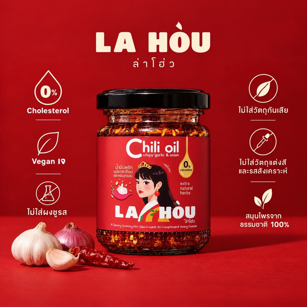 LA HÒU ล่าโฮ่ว น้ำมันพริก Chili Oil กระเทียมกรอบ หอมเจียวกรอบ ในน้ำมันสมุนไพร 115g | Crispy Garlic &
