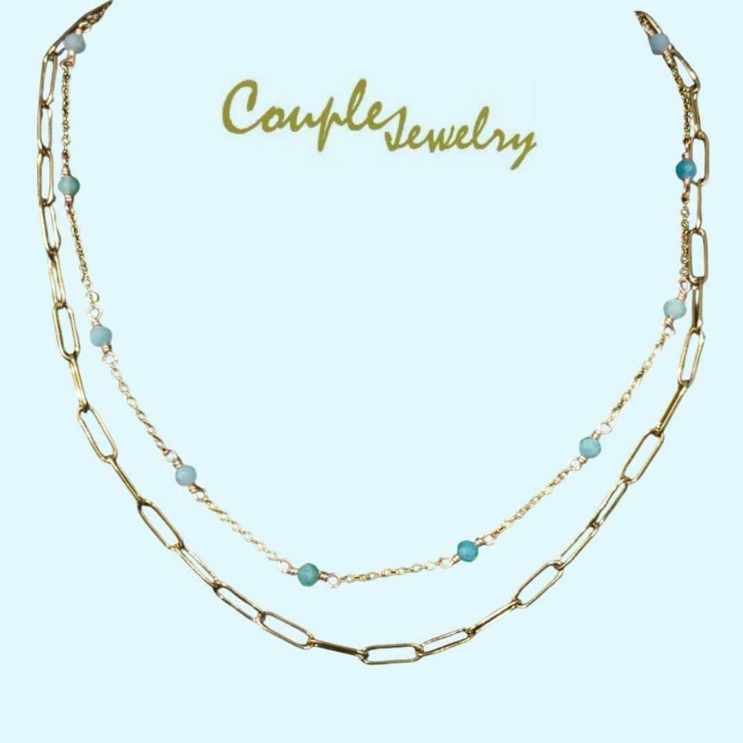 Couple jewelry สร้อยคอหิน อมาโซไนต์ 2 เลเยอร์ ชุบทอง 18k