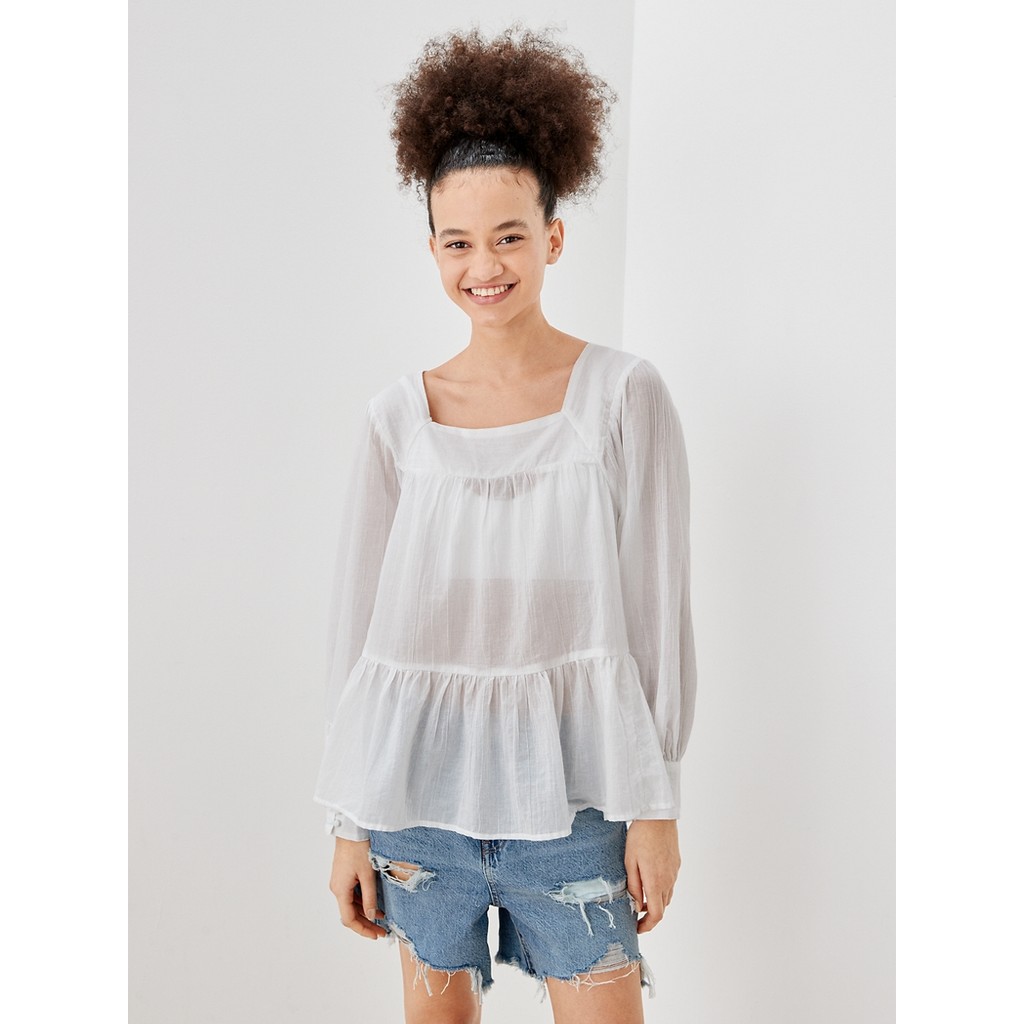 American Eagle เสื้อเบลาซ์ผู้หญิง 4302 OTT SQUARE NECK OVERSIZED TOP สี WHITE - 035-4302-100