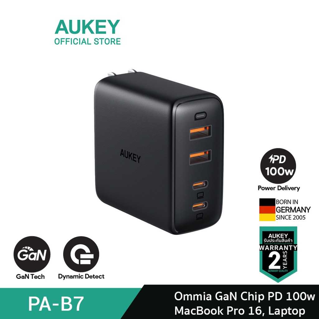AUKEY PA-B7 หัวปลั๊กชาร์จเร็ว Omnia 100W 4-Port USB C Charger, PD Charger with GaNFast , รุ่น PA-B7