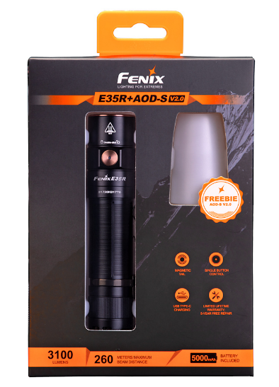 ไฟฉายFenix E35R แถมโคมเทียน AOD-S V2.0  เล็กๆ สว่าง 3100 lm แบตจุสูง 5000 mAh ชาร์จเร็ว Type C