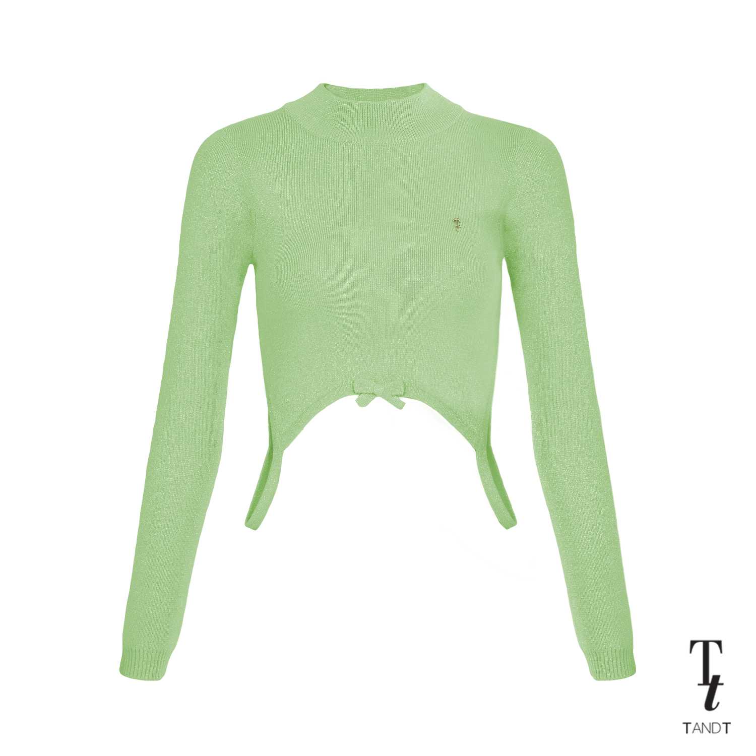 NINI LIGHT GREEN - TURTLE NECK BOW TRIM CROP SWEATER