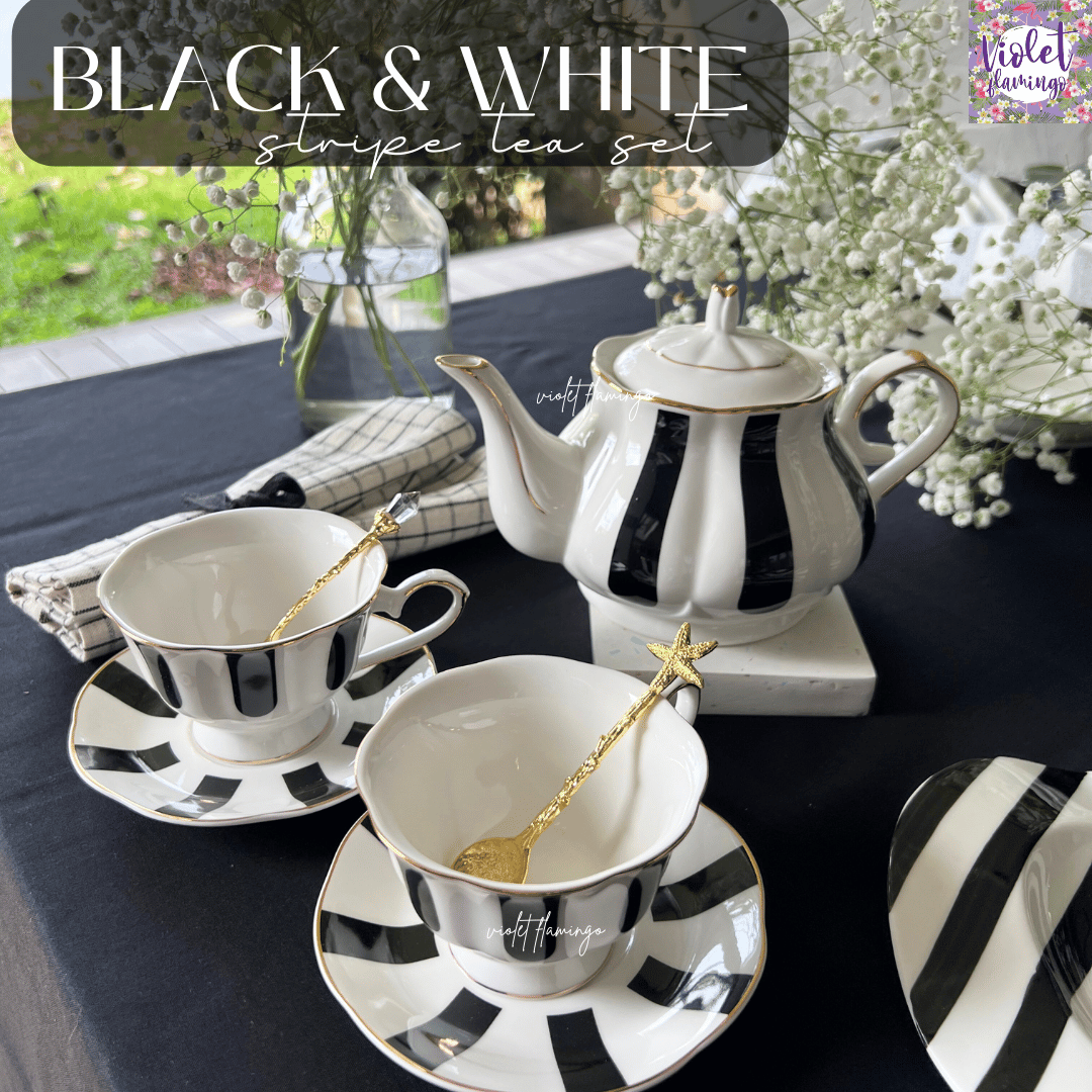 Black & White Collection ชุดน้ำชาลายจุดลายขวาง เซ็ตกาน้ำชาและแก้วพร้อมจานรอง 2 ชุด
