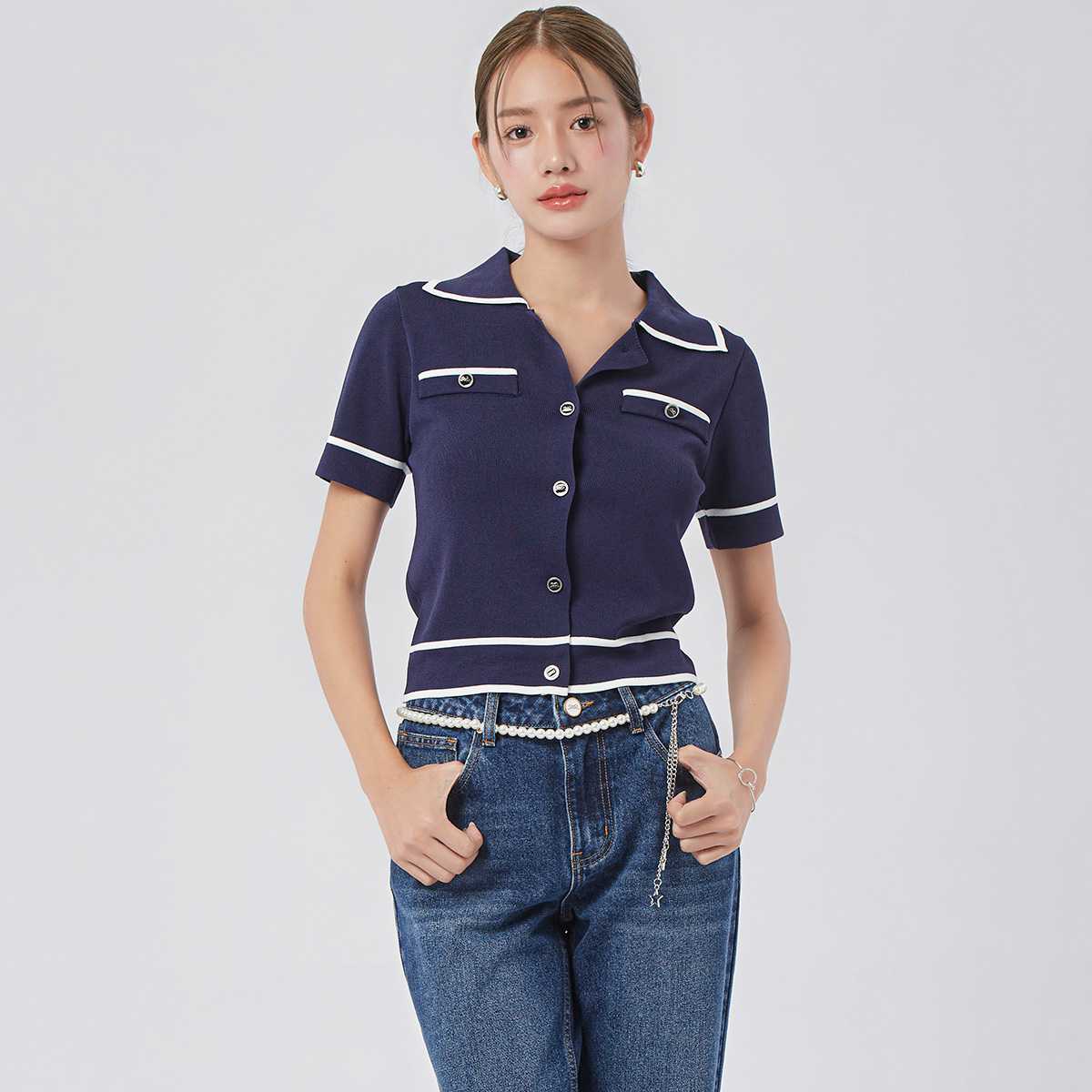 คาร์ดิแกนแขนสั้น | Contrast Triming Cardigan | 04959