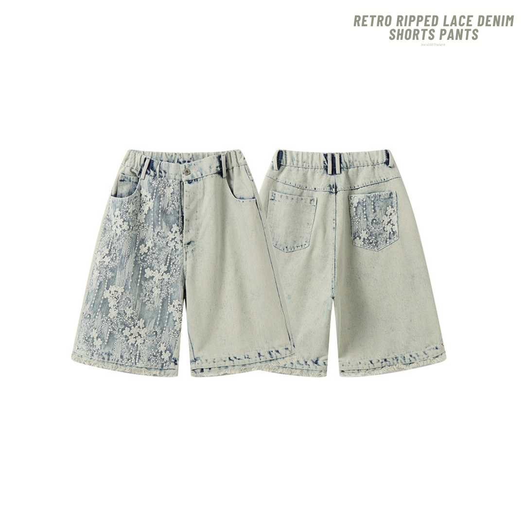 (พร้อมส่ง) Jeera168 | Retro Ripped Lace denim Shorts Pants