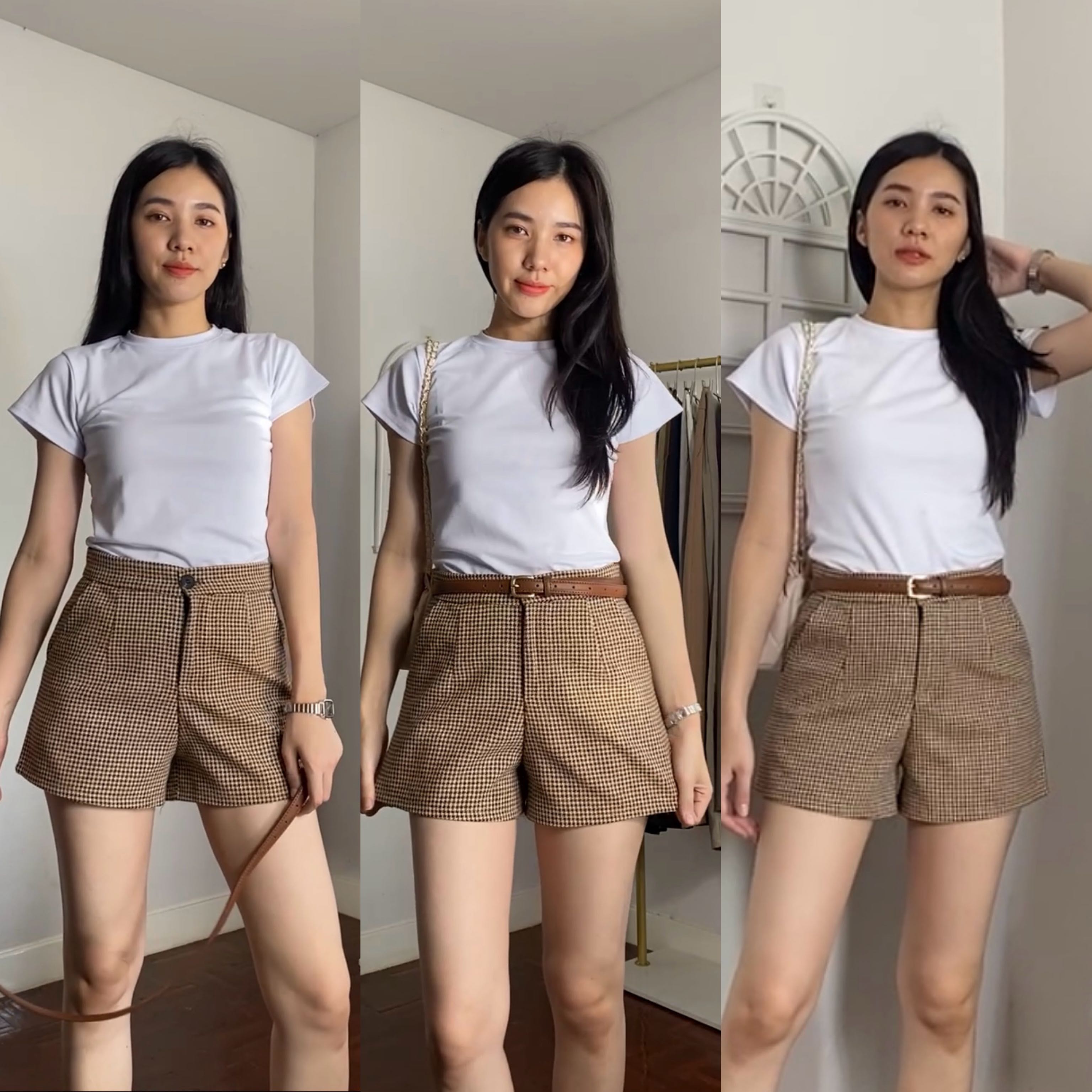 By34 กางเกงขาสั้นแต่งกระดุมหน้าลายสก็อตสีน้ำตาล ดีเทลกระดุมหน้า