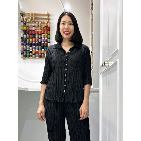 2MUAY รุ่น GJO10366 เสื้ออัดพลีท HALF SLEEVE SHIRT COLLAR CRINKLE PLEATED TOP 4 สี FREE SIZE