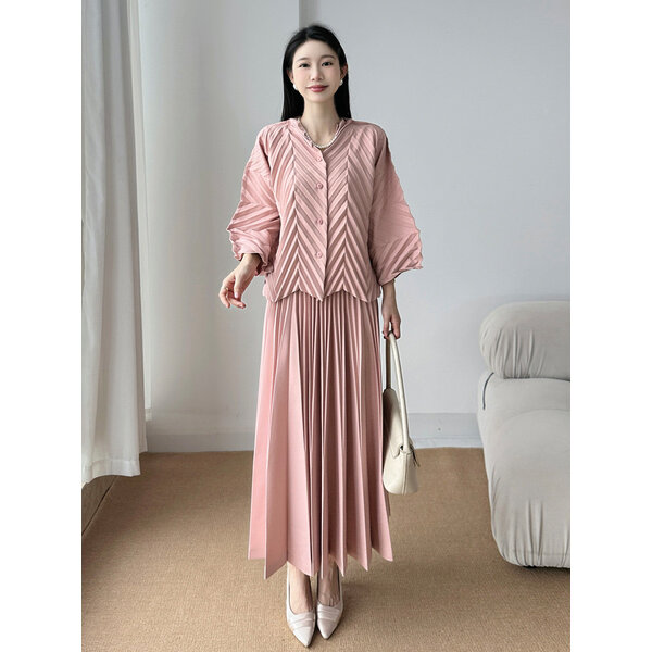 2MUAY รุ่น GJO86163 / GJO5616 เซ็ตพลีท BUTTON FRONT ZIGZAG TOP WITH SKIRT PLEATED SET 4 สี FREE SIZE