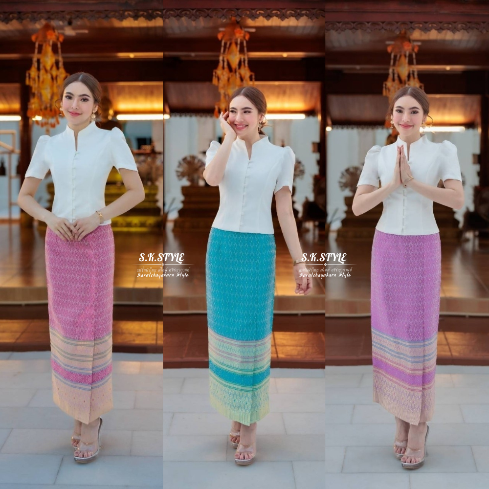ชุดผ้าไทย ใส่ไปวัด set เสื้อไหมญี่ปุ่น คอปีน ผ้าถุงผ้าไหมยกดอกทอลายไทยๆ อัดกาว ซิปซ่อนด้านข้าง