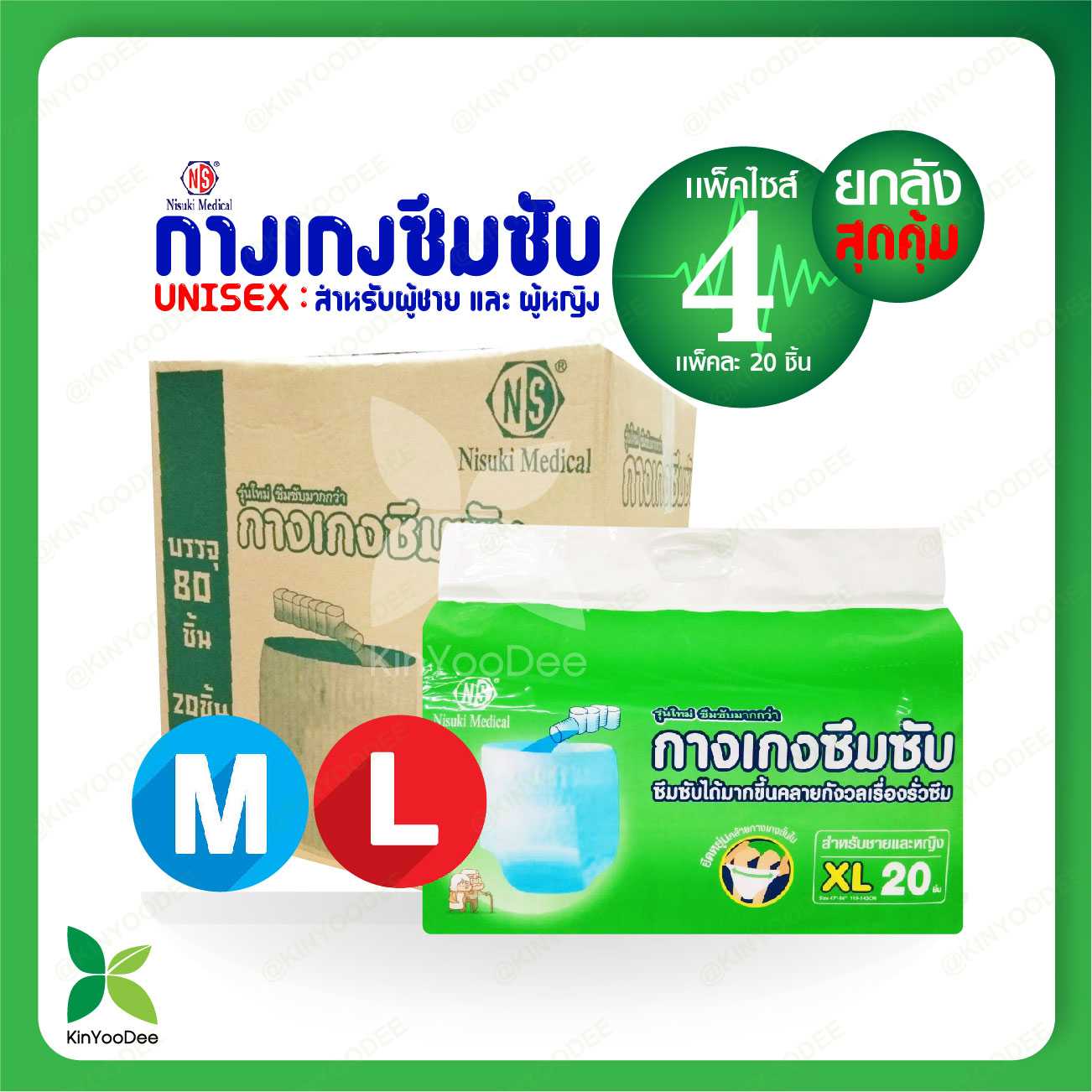 กางเกงซึมซับ สำหรับผู้ใหญ่ ยกลังสุดคุ้ม!(Diaper pants for adults) แบรนด์ Nisuki ไซด์ M, L