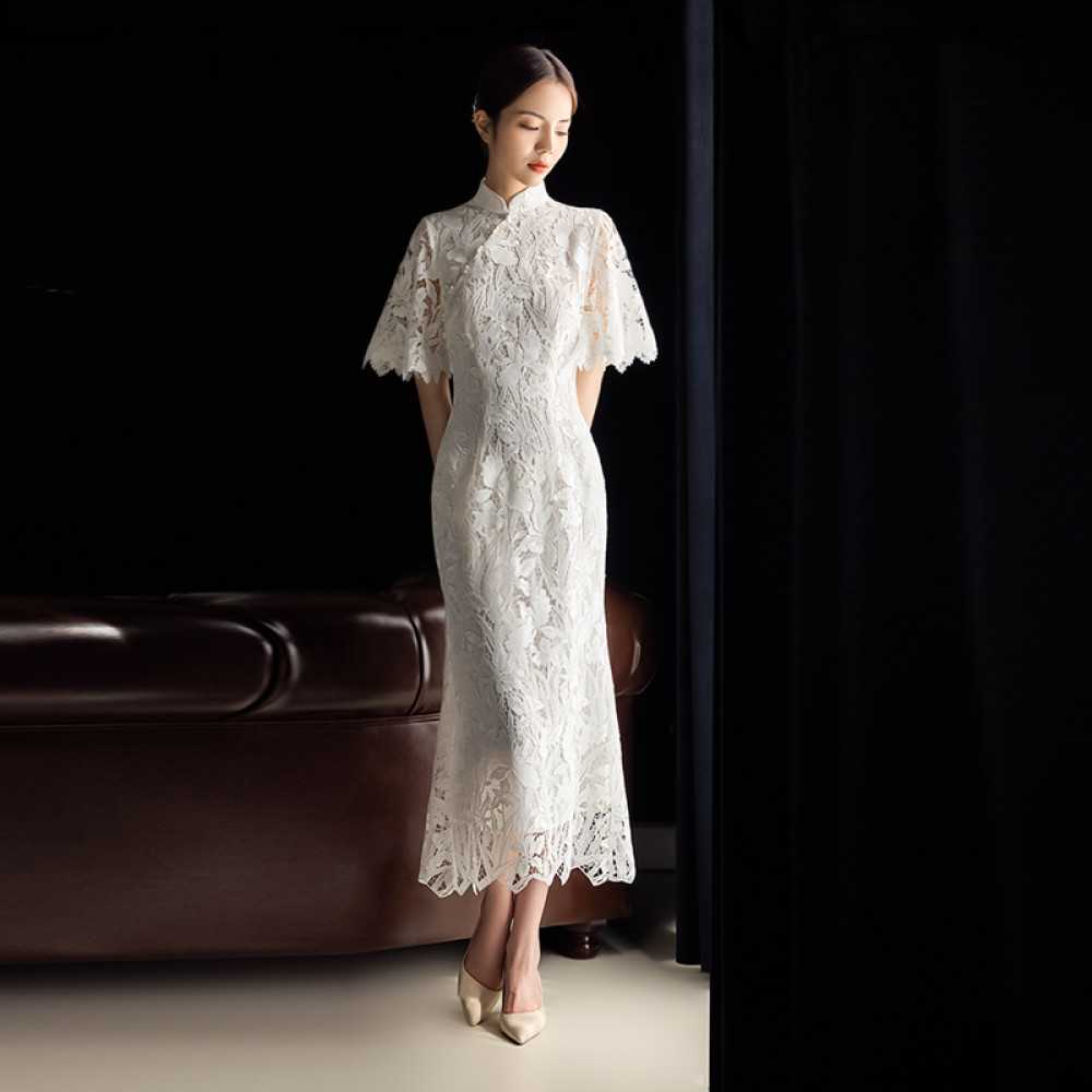 พร้อมส่ง #ASAYA3186 Iris white cheongsam high-end bridal engagement toast dress lace dress / SizeS