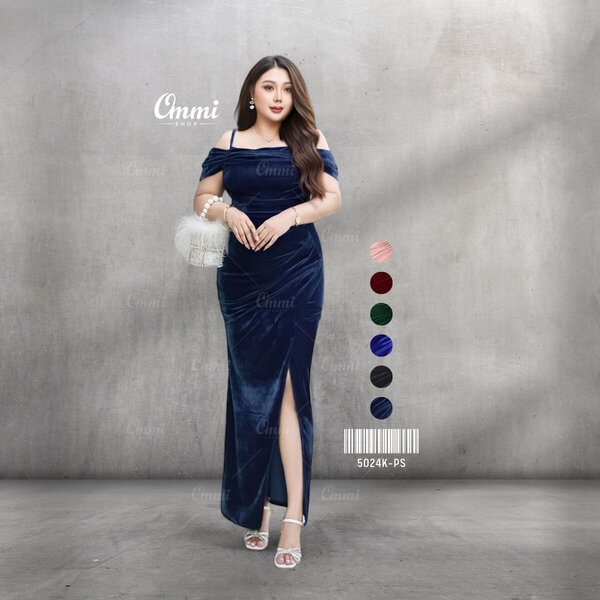 Ommishop ชุดราตรี 5024K-PS สายเดี่ยวแต่งคอถ่วง กำมะหยี่ เดรสออกงาน ชุดงานแต่ง เพื่อนเจ้าสาว เดรสส...