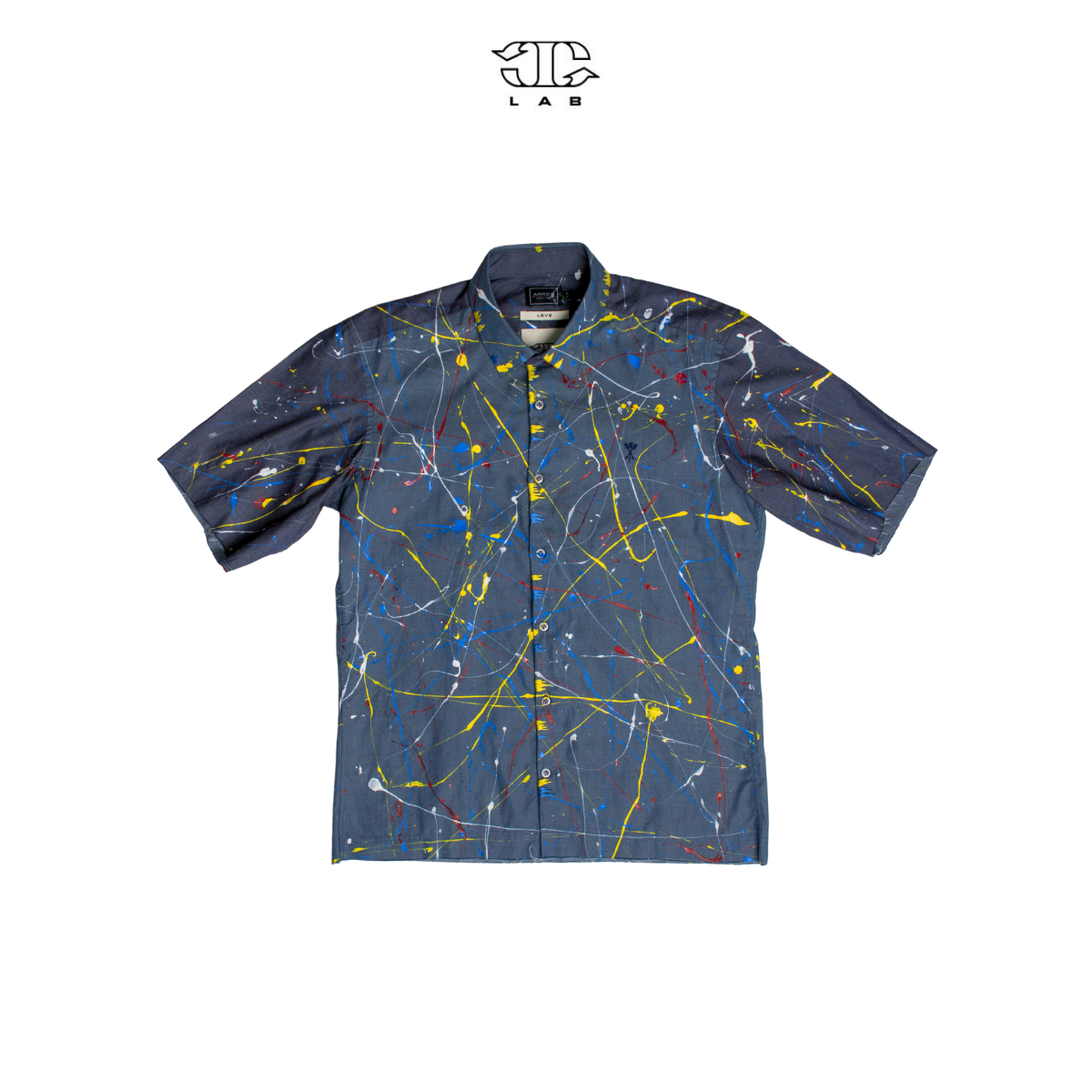 'Kate C' Shortsleeve paint splatter shirt with hand embroidery (GreyxYellow)
