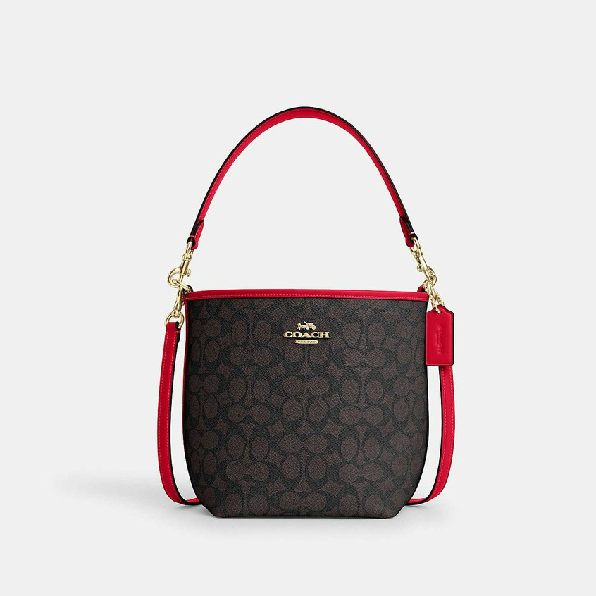 Coach CT800 City Bucket Bag In Signature Canvas (IMXD0) กระเป๋าสะพายผู้หญิง สี Im/Walnut/Bold Red