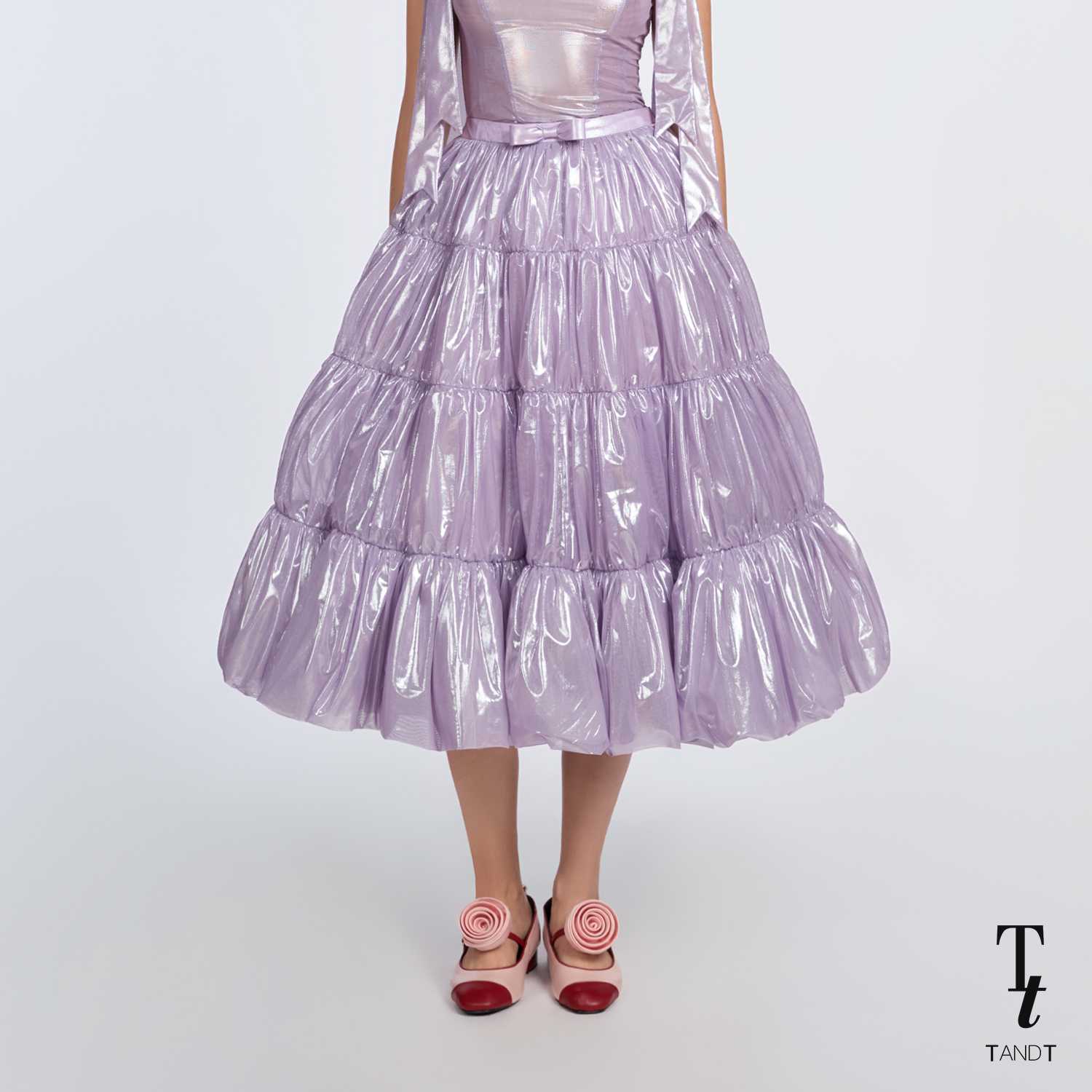 TandT - MARIN LILAC SKIRT - BOW HAND-CRAFTED RUCHED BALLOON METALLIC TULLE MIDI SKIRT