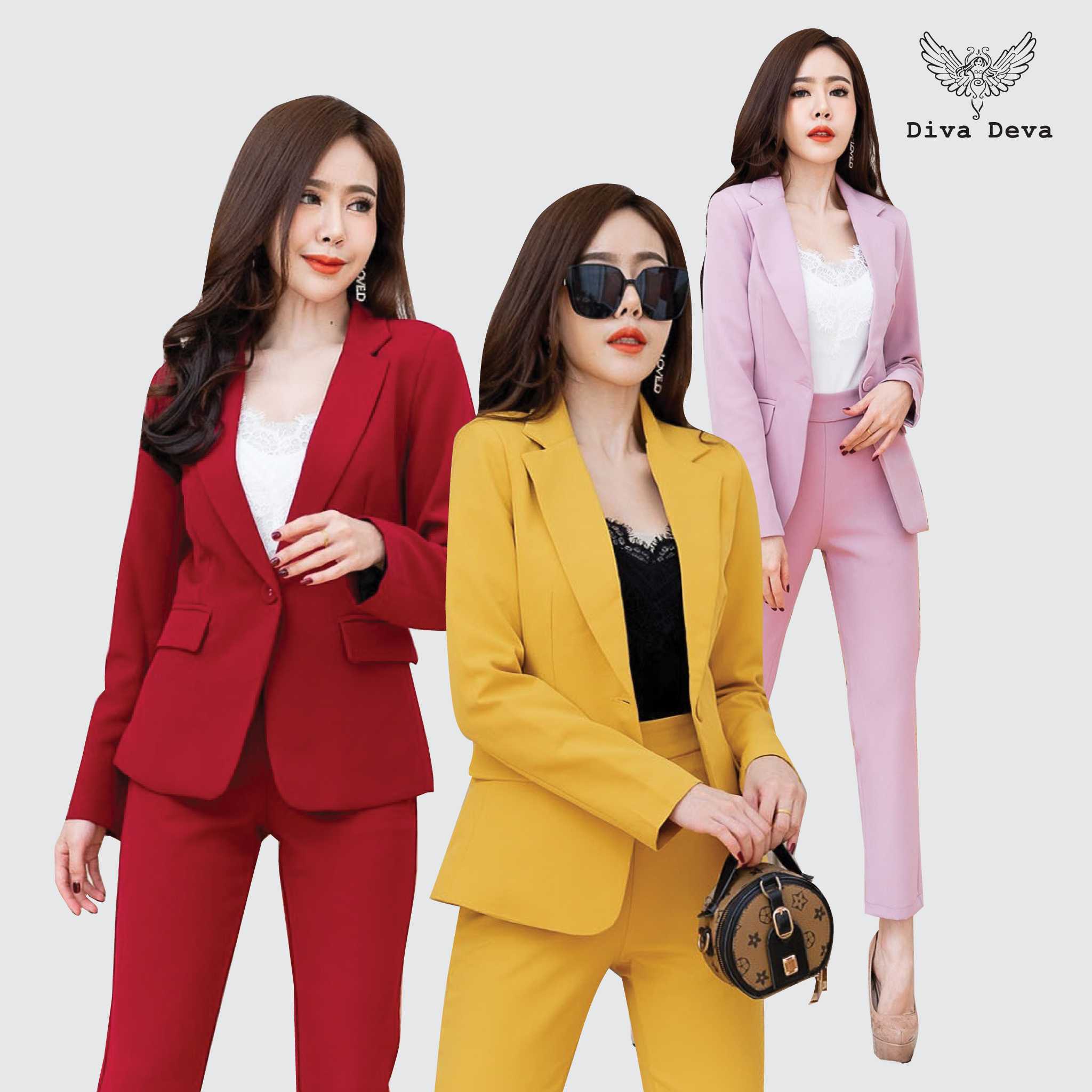 ⚡️SALE⚡️เสื้อสูทผู้หญิง Classic กางเกงกระบอกเล็ก แดงไวน์/ชมพูโรส/เหลือง/ชมพู