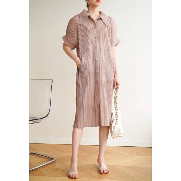 2MUAY รุ่น GJO2087 COLLAR BUTTON FRONT PLEAT DRESS เดรสอัดพลีทงานคุณภาพ 9สี FREE SIZE