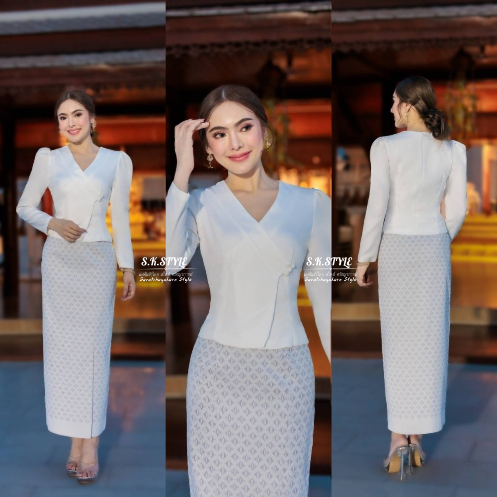 ชุดผ้าไทยประยุกต์ ชุดเซ็ทผ้าไทย เสื้อไหมญี่ปุ่นแขนยาว ผ้าถุงผ้าฝ้ายทอลาย สีเทาเงิน
