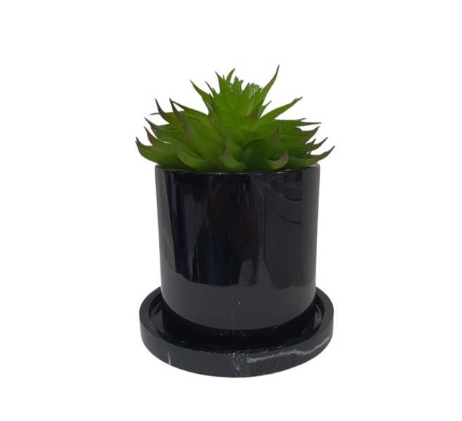 Plant Pot + Plate, Marble, Black, M