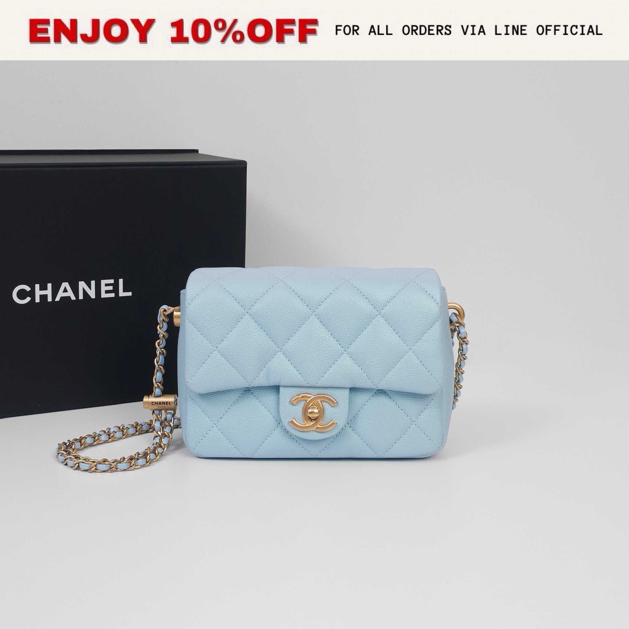📍LIKE NEW📍CHANEL Mini Flap 7.5'' 21K Adjustable Strap สี Light Blue Iridescent Caviar GHW | Bag