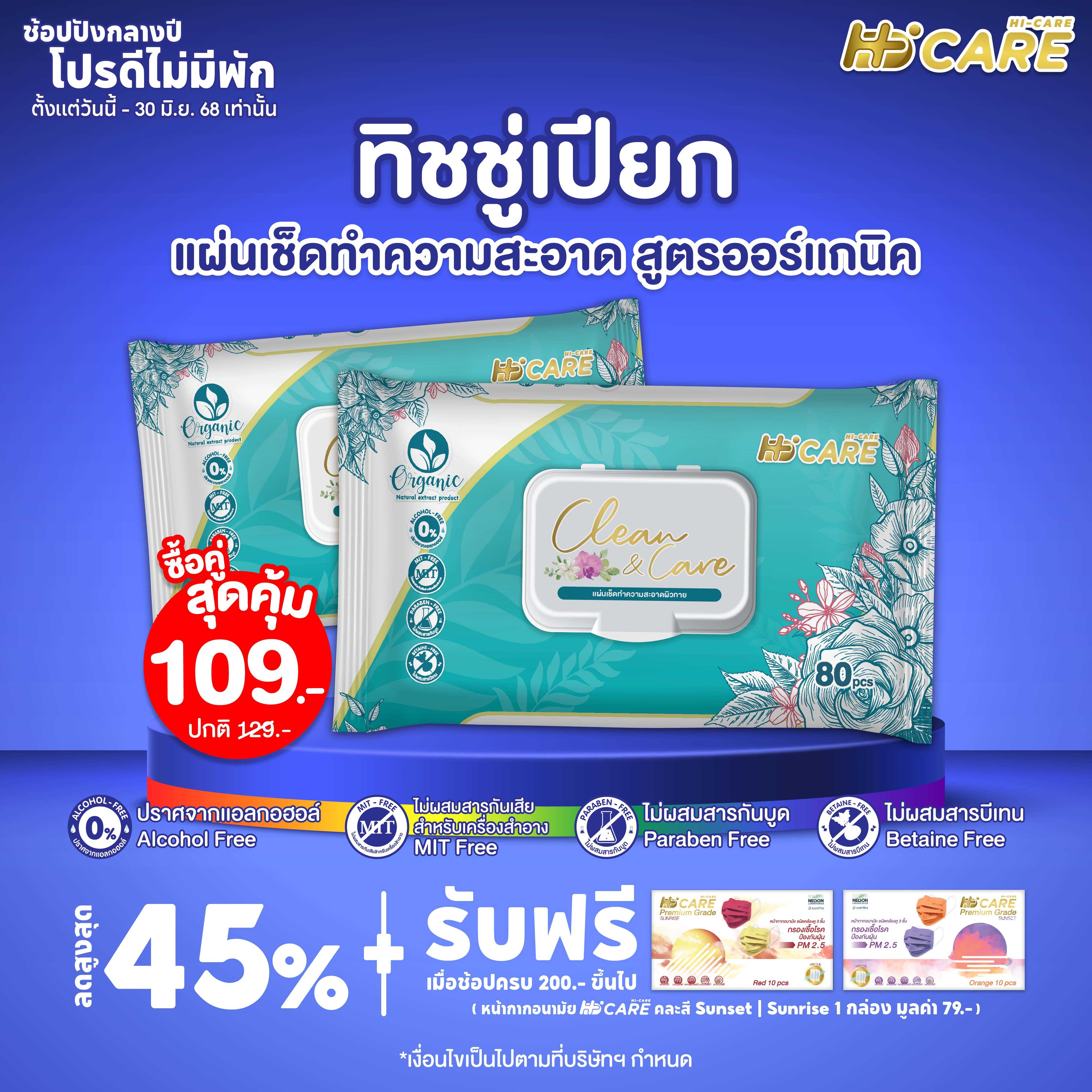 เซ็ทคู่สุดคุ้ม Hi-Care ทิชชู่เปียก แผ่นเช็ดทำความสะอาด Clean&Care ( 1 ห่อ/ 80 แผ่น)