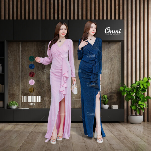 Ommishop ชุดราตรี 1116V คอวีหน้าวีหลัง แขนยาวแต่งผ่าแขน ผ้า Glitter เดรสออกงาน ชุดงานแต่ง เพื่อนเ...