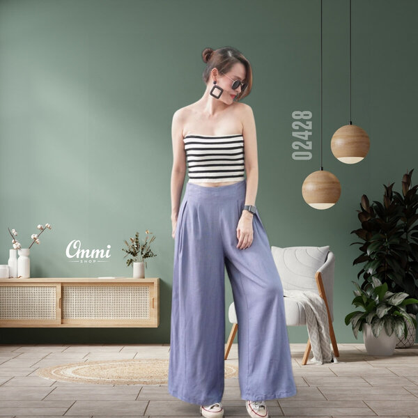 Ommishop 02428 กางเกงแฟชั่น เนื้อผ้าลินินผสมฝ้าย ทรงกระโปรงกางเกง ยางยืดด้านหลัง (PUP)