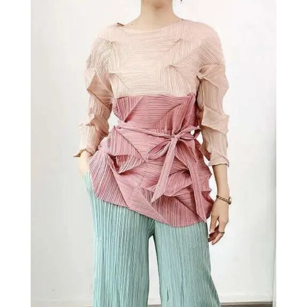 อกถึง42 ยาว22.5นิ้ว 2MUAY GM6671 เสื้ออัดพลีท TWO TONE ZIGZAG PLEATED TOP 7 สี FREE SIZE