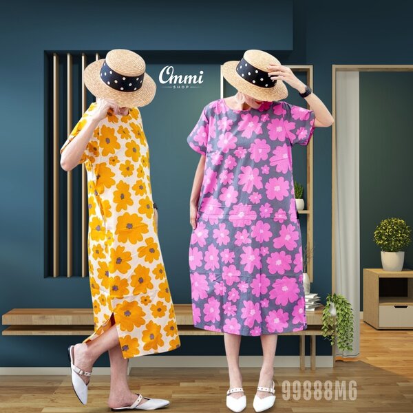 Ommishop 99888M6 ชุดเดรสแฟชั่น คอกลม แต่งผ่าข้าง ลายดอก Mari มารีเมกโกะ Cotton Japan 100% (Bonus)...