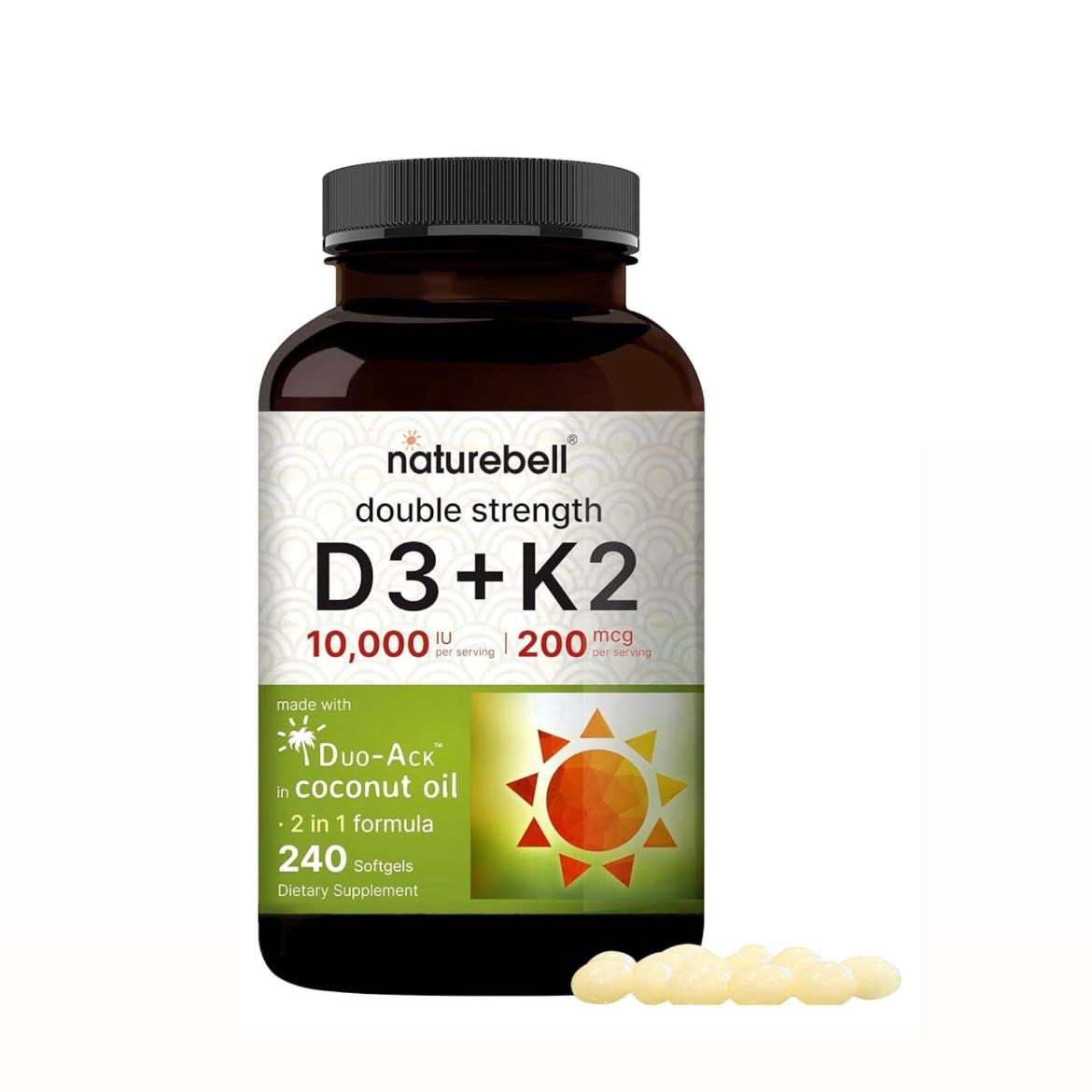 Naturebell - Vitamin D3 K2 (10,000 IU Vitamin D + 200mcg Vitamin K MK-7) 240 Softgels