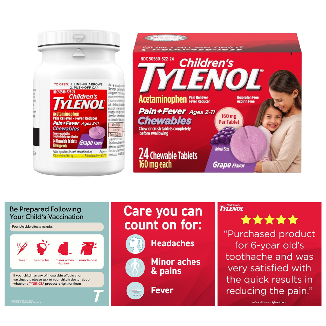 ยาลดไข้ บรรเทาปวด Tylenol Children's Chewable รสองุ่น ขนาด 24 เม็ด จากอเมริกา พร้อมส่ง