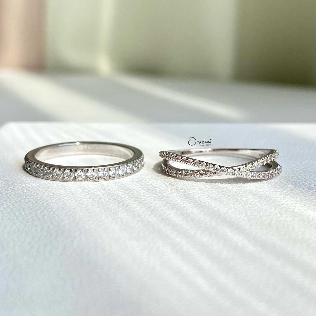(ส่งฟรี) Minimal X - 14k single blink ring set. (เซ็ตแหวนงาบชุบทองคำขาว และ 14K เพชร CZ)