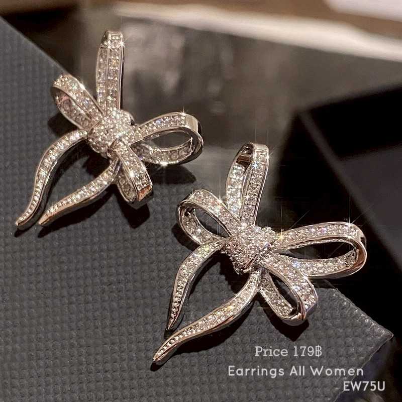 EW75U ต่างหูโบว์สีเงิน เพชรCZ