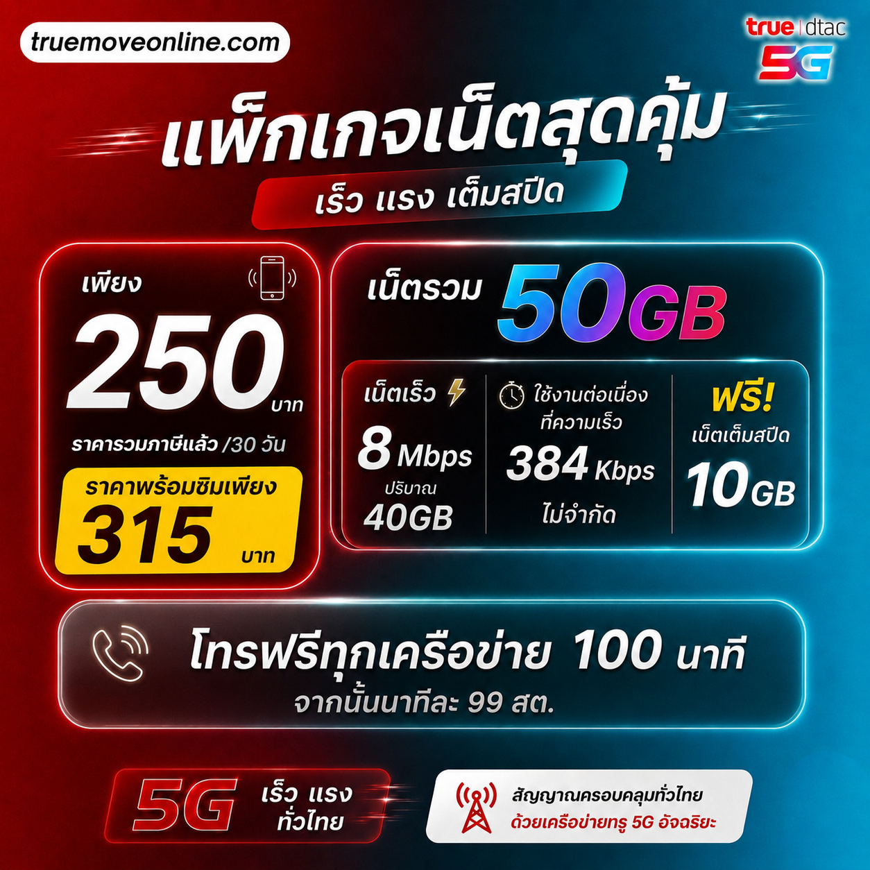 ซิมเติมเงิน(True) + 8Mbps (ราคาพร้อมซิม 315 บาท/เดือน)