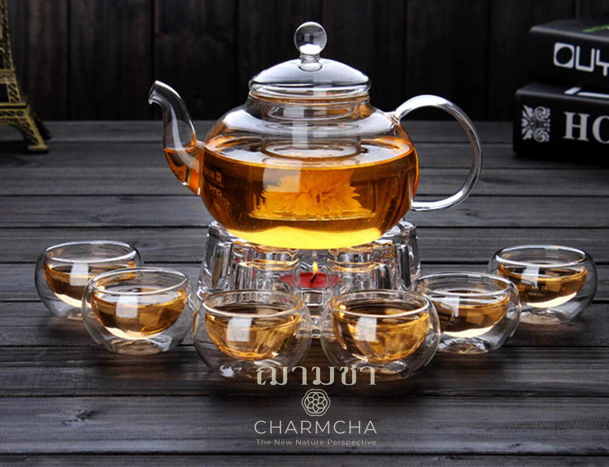 ชุดกาน้ำชาทรงกลม 1 ชุด 600ml  แก้ว 2-6 ใบ และที่กรองชา 1 ใบ ทำจากแก้ววางบนเตาความร้อนได้