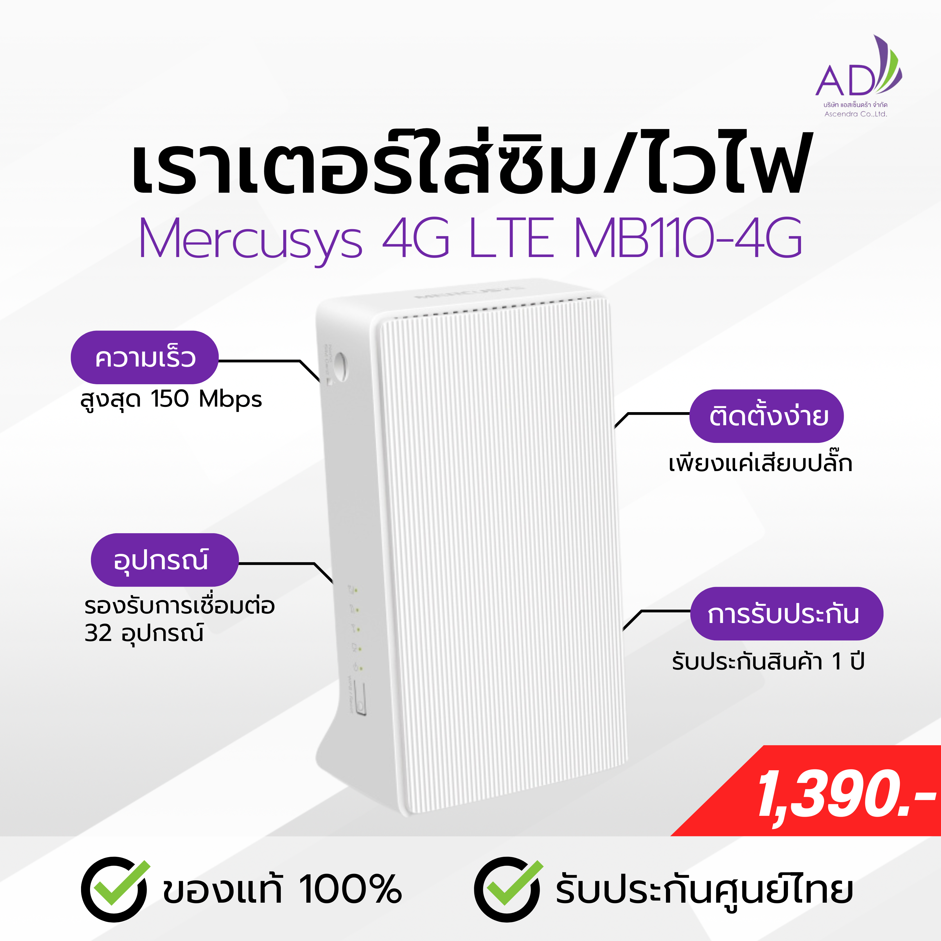 เราเตอร์ใส่ซิม เราเตอร์ไวไฟ (รุ่น Mercusys 4G LTE MB110-4G) รองรับซิมทุกค่าย