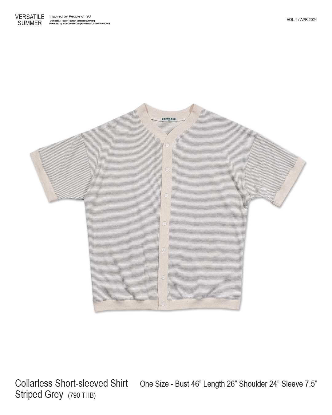 Collarless Short-sleeved Shirt in Striped Grey