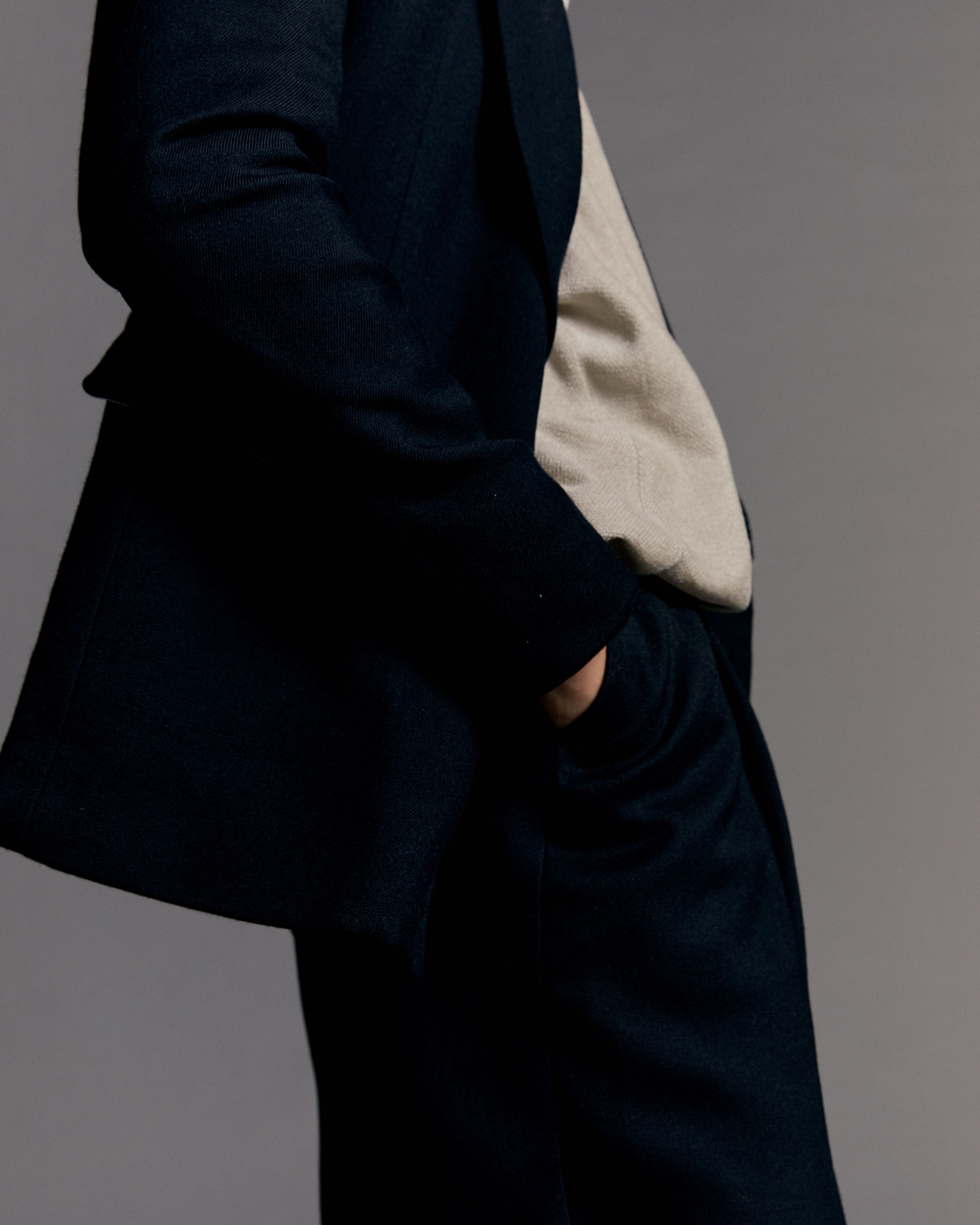 Navy Blue Wool-Blend Wide Leg Trousers