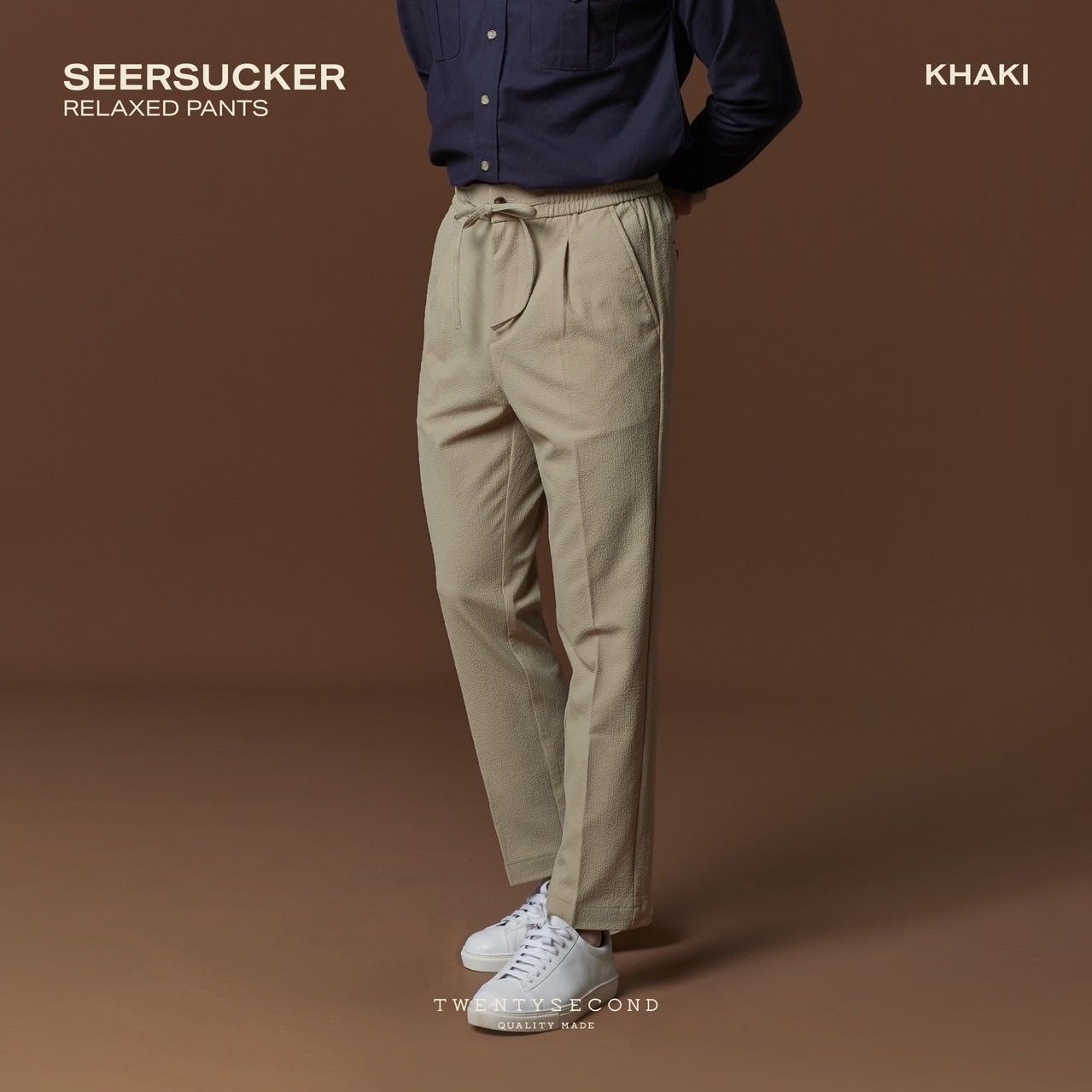 SEERSUCKER RELAXED PANTS - KHAKI 