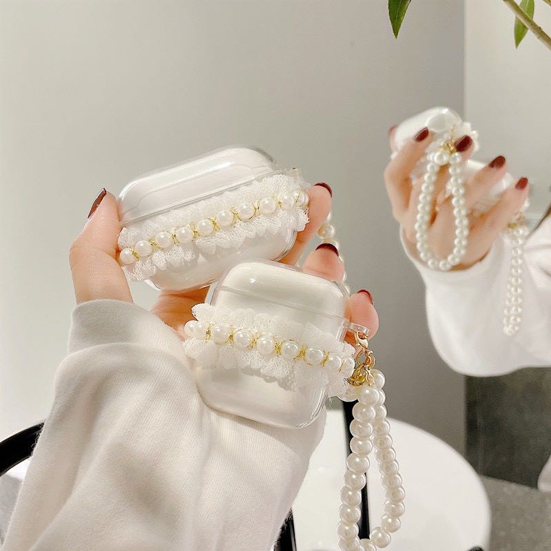 ♥ เคส Airpods : ยางใสลายไข่มุก+พวงกุญแจ ( พร้อมส่งเฉพาะรุ่น 1,2 )