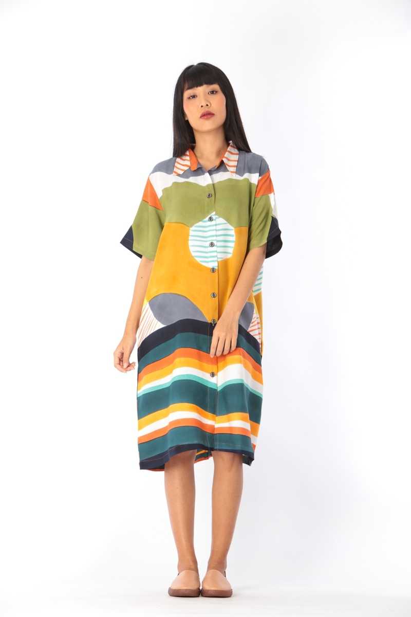 (Pre-order)Shirt Dress Cotton Rayon Hand Paint