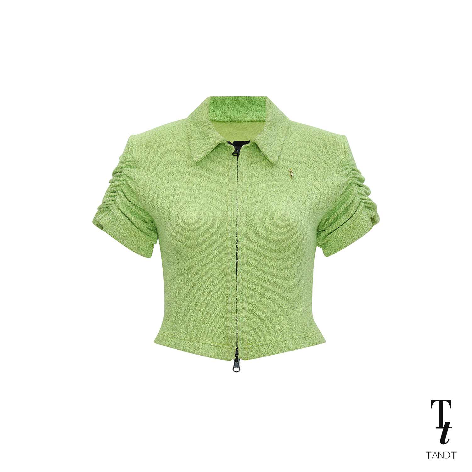 TandT - KELLY TOP - FRONT ZIP GREEN TWEED SPENDEX POLO CROP TOP