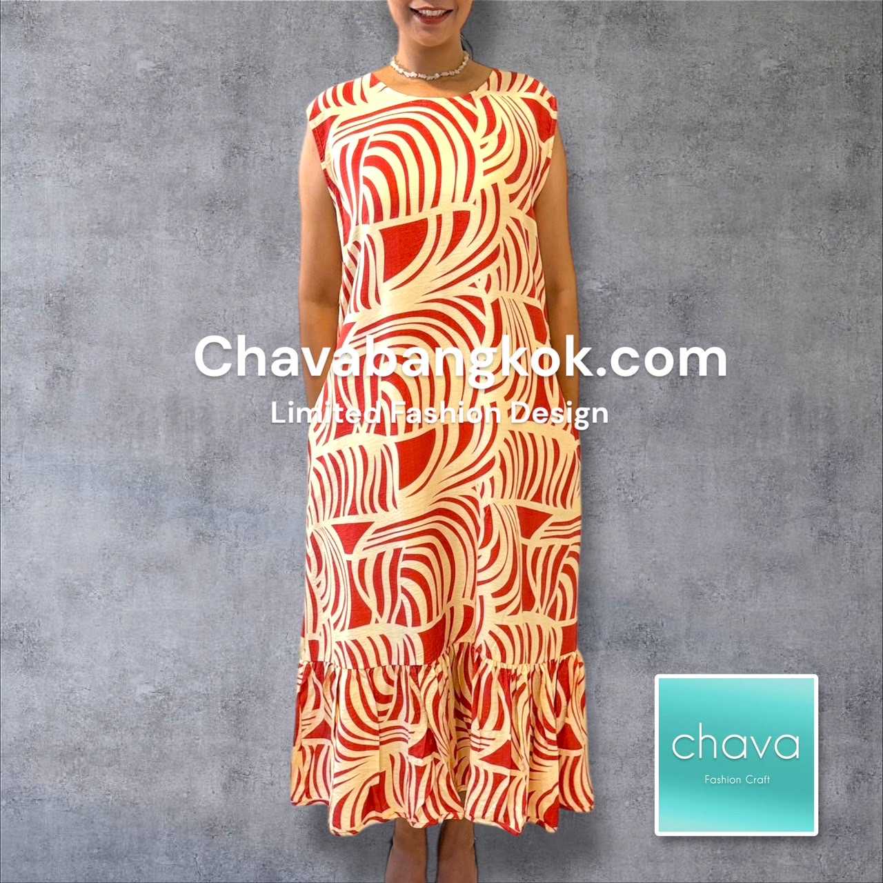 NEW!! MAXI Dress / ชุดเดรสยาว แขนกุด สีส้มอิฐ ลายกราฟฟิค กระดุมหลัง มีกระเป๋า 2 ข้าง