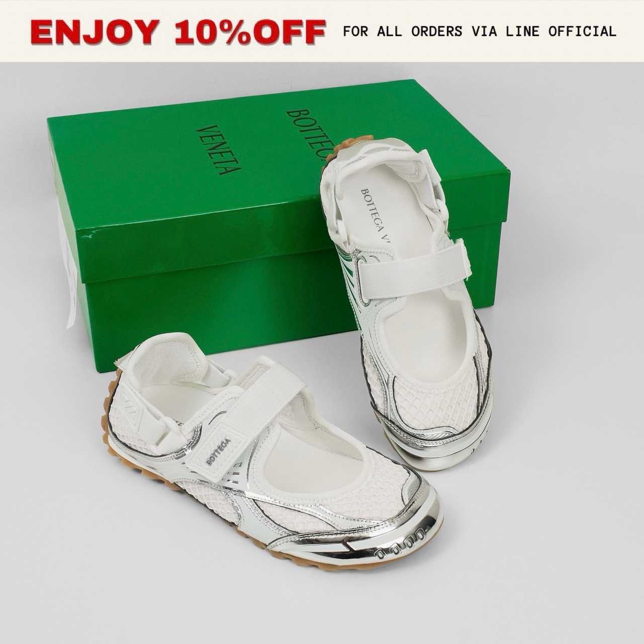 NEW! BOTTEGA VENETA Orbit Flash Mary-Jane Sneaker สี Silver/white/ optic white | Shoes