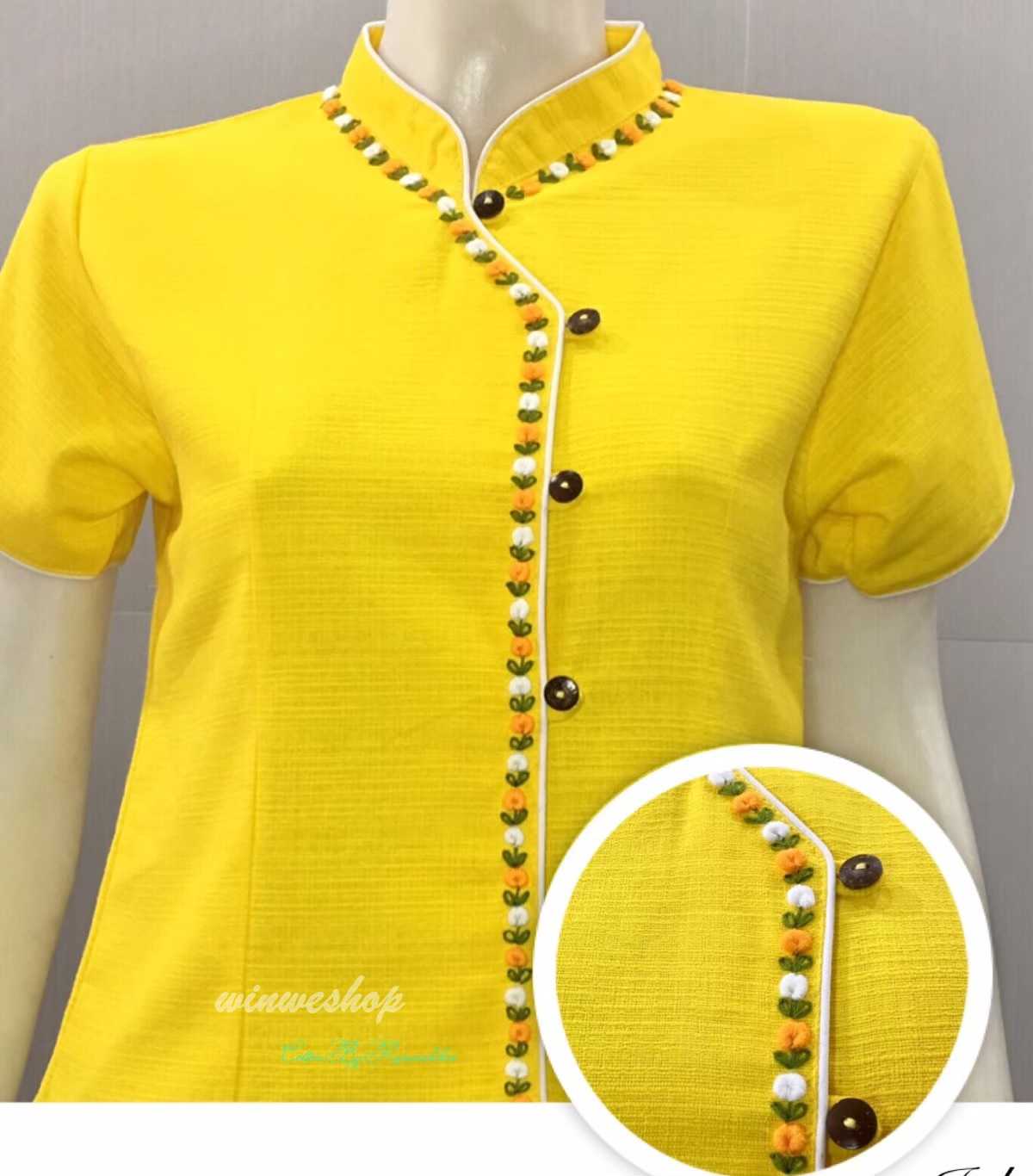 เสื้อผ้าฝ้ายซินมัย-ปักกุหลาบ-แขนสั้น-สีเหลือง