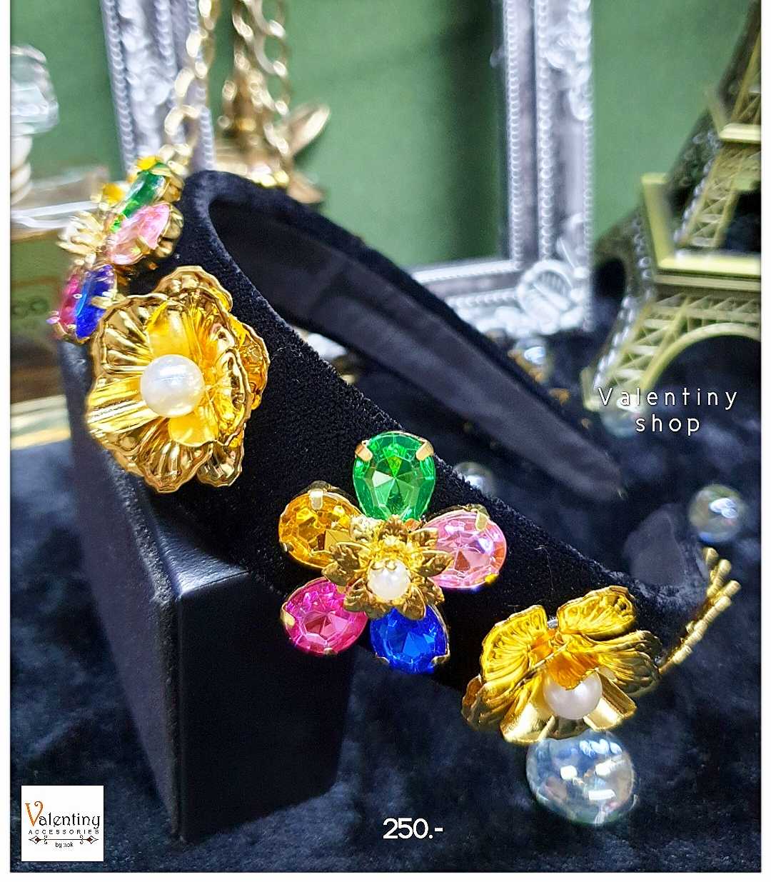 HB0002 ที่คาดผมสีดำประดับคริสตัสหลากสีและดอกไม้สีทอง